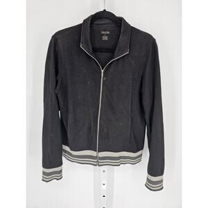 Calvin Klein Women's Black Long Sleeve Full Zip Striped Hem Cotton Jacket Size L